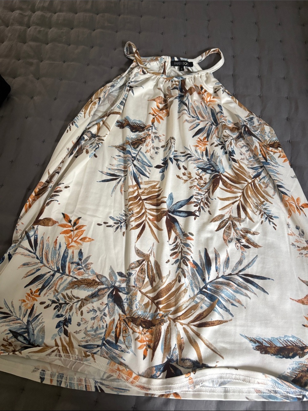 Papermoon Cream Halter Tank with Blue & Brown Leaf Motif